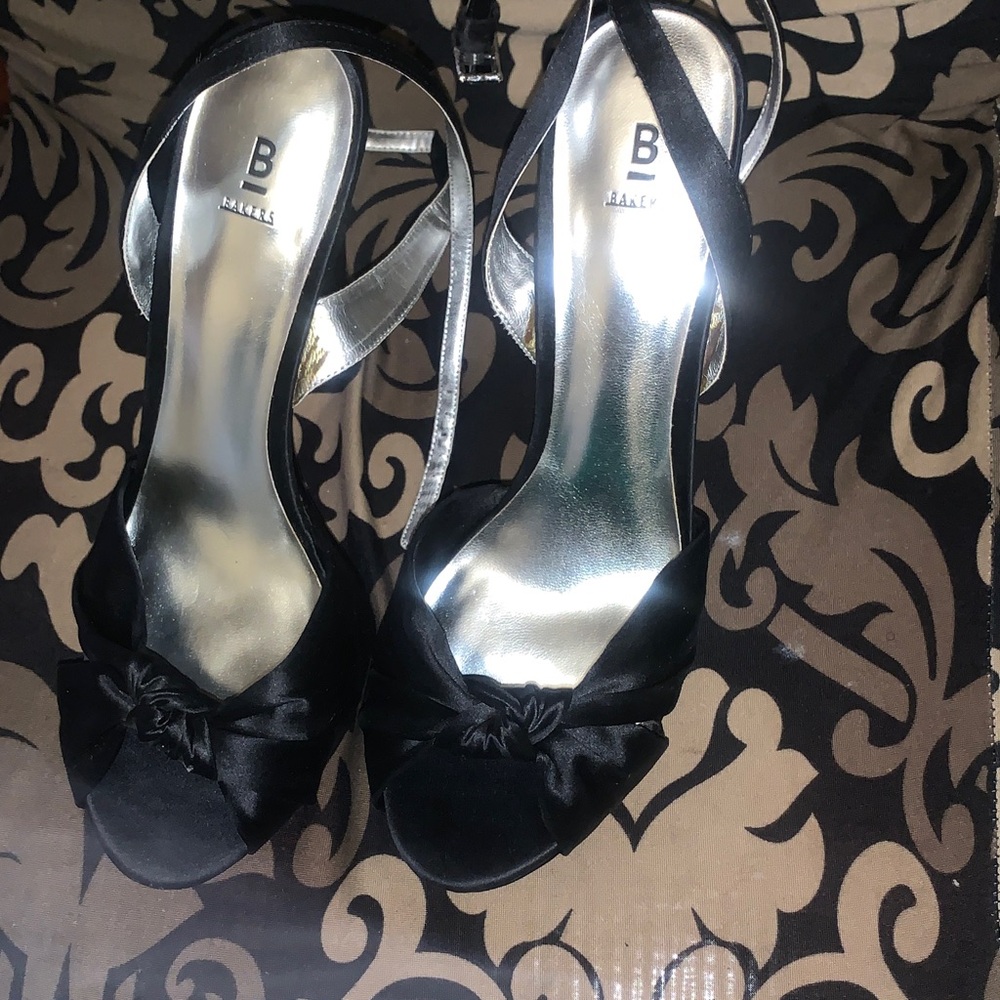 Bebe Black Satin Heels with Bow Accent